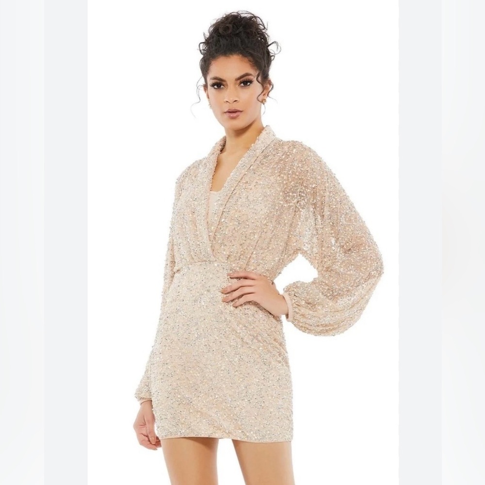 Mac Duggal Beaded Champagne Mini Dress NWT | Long Sleeve Cocktail Size‎ 8
